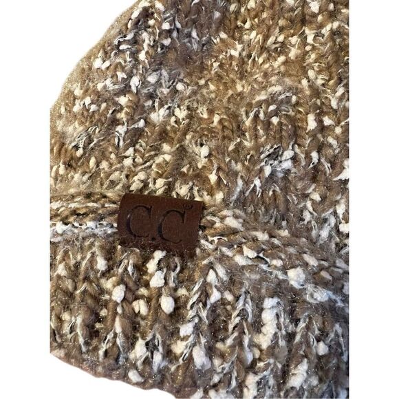 C. C. Exclusives Womens OS Knitted Tobaggan Pom Pom Lined Tan White Speckle - Picture 2 of 7